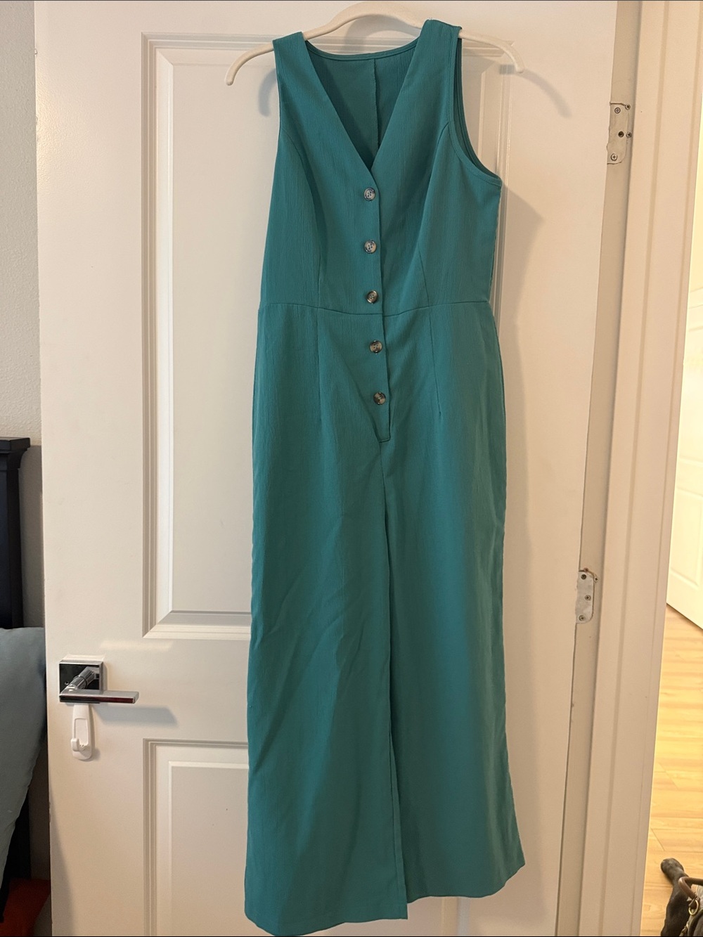 Sleeveless Teal Button-Front Wide-Leg Jumpsuit